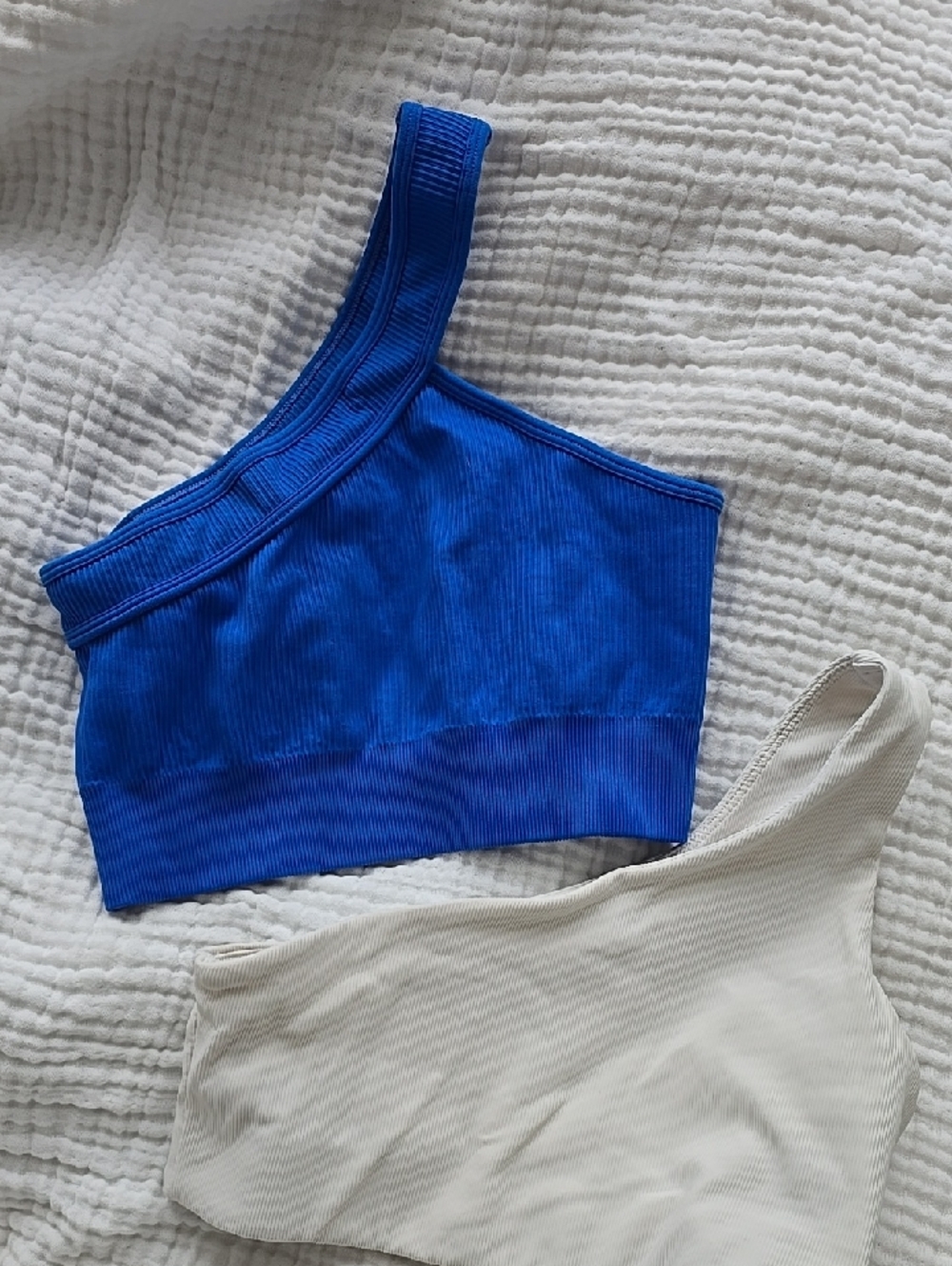 One-Shoulder Crop Tops/Sports Bras - Blue & Cream Ribbed Tops
